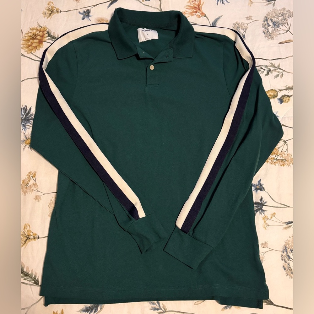 Old Navy Forest Green Long-Sleeve Polo with Navy and Cream Sleeve Stripes